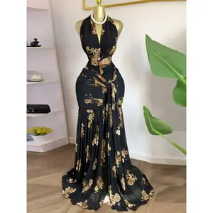 Elegant Women's V Neck Backless Printed Sleeveless Ruffle Long Dress, Elegant Formal Dress, Fall Winter Wear, Sexy Vacation Party Evening Gown