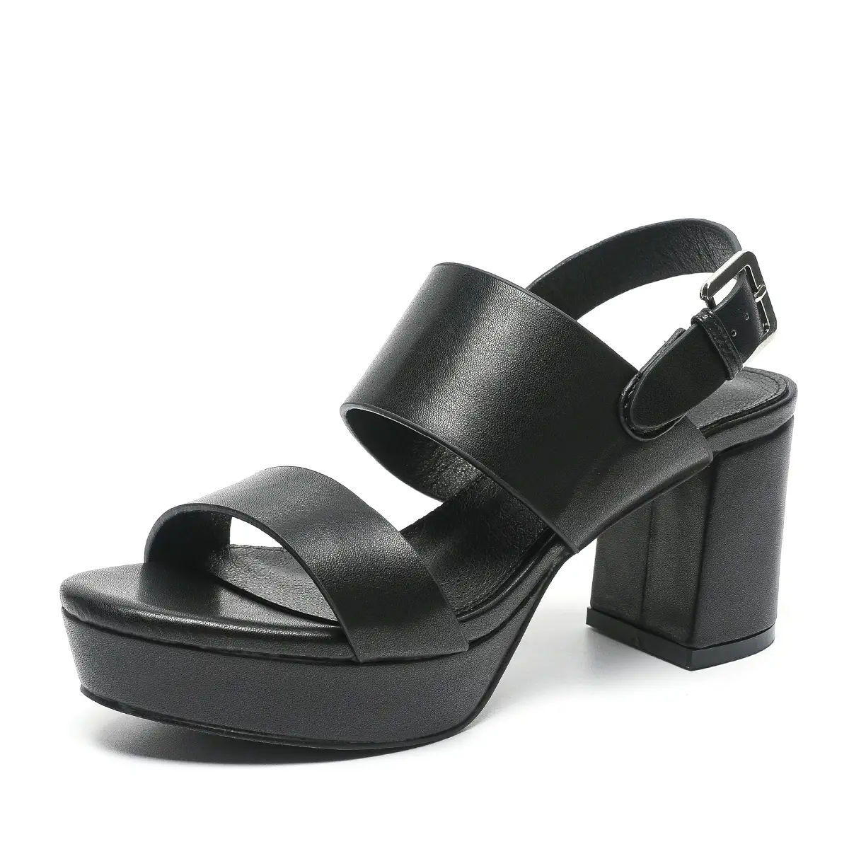 Amoji Women's 3-in Strap Block Heel Sandals - Black PU, Casual Platform, Elegant Heeled, High Platform Black Wedge Summer Walking Shoes (Comfortable & Stylish), Black Wedge Sandals, Casual Platform Sandals