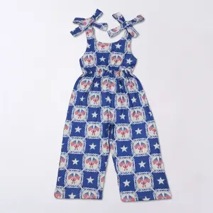 Girls 4th of July Jumpsuit, Patriotic USA Flag & Star  Print Tie Strap Casual Romper for Holiday Romper, Toddler Independence Day Casual Outfit