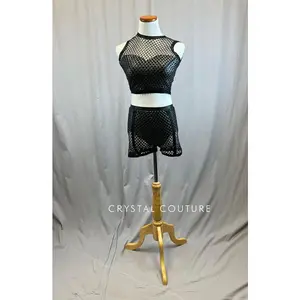 *Brand New* Custom Grey Metallic Fishnet Two-Piece with Black Pleather Trim