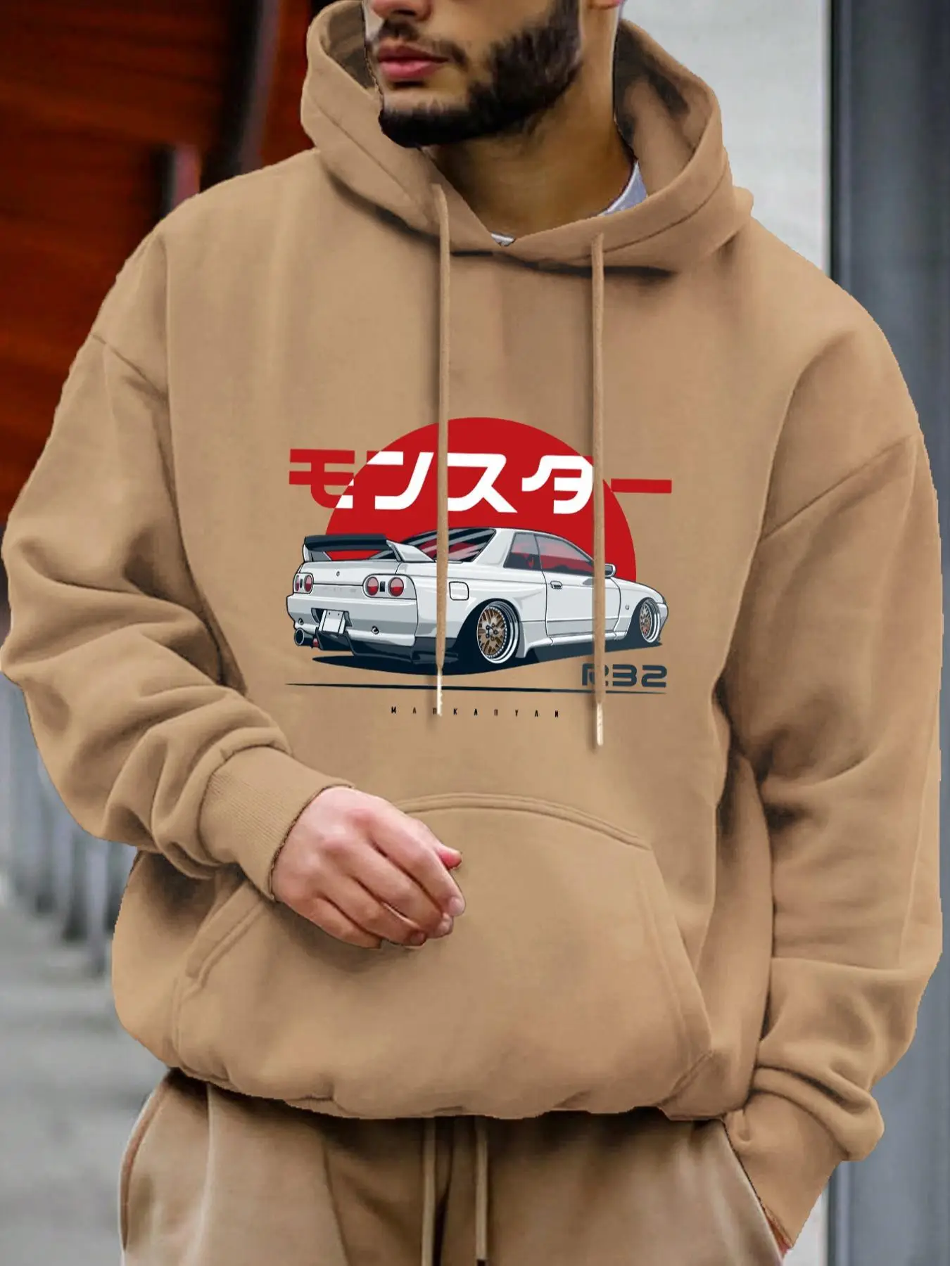 Unisex Men's Car Print Long Sleeve Drop Shoulder Hoodie, Regular Fit Fashion Casual Drawstring Pocket Hooded Pullover Tops for Daily Wear, Essentials