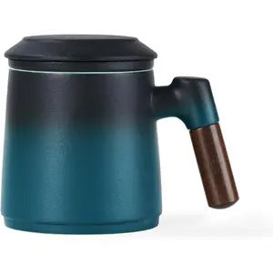 12oz Ceramic Tea Cup with Infuser Steeper and lid for Loose Leaf Tea with Fine Mesh Strainer, Wood Handle Coffee Mug, Diffusers Filter Mug, Birthday Gifts Basket Drinkware