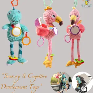 JIAJCHUF car seat toys for 0 - 6 months old baby boys, stroller toys for 0 - 6 months old babies. Baby Car Toys Set: Pink Flamingo Hanger + Dinosaur Seat Toy | Sensory Development & Travel Entertainment, For Boys & Girls Ages 0+