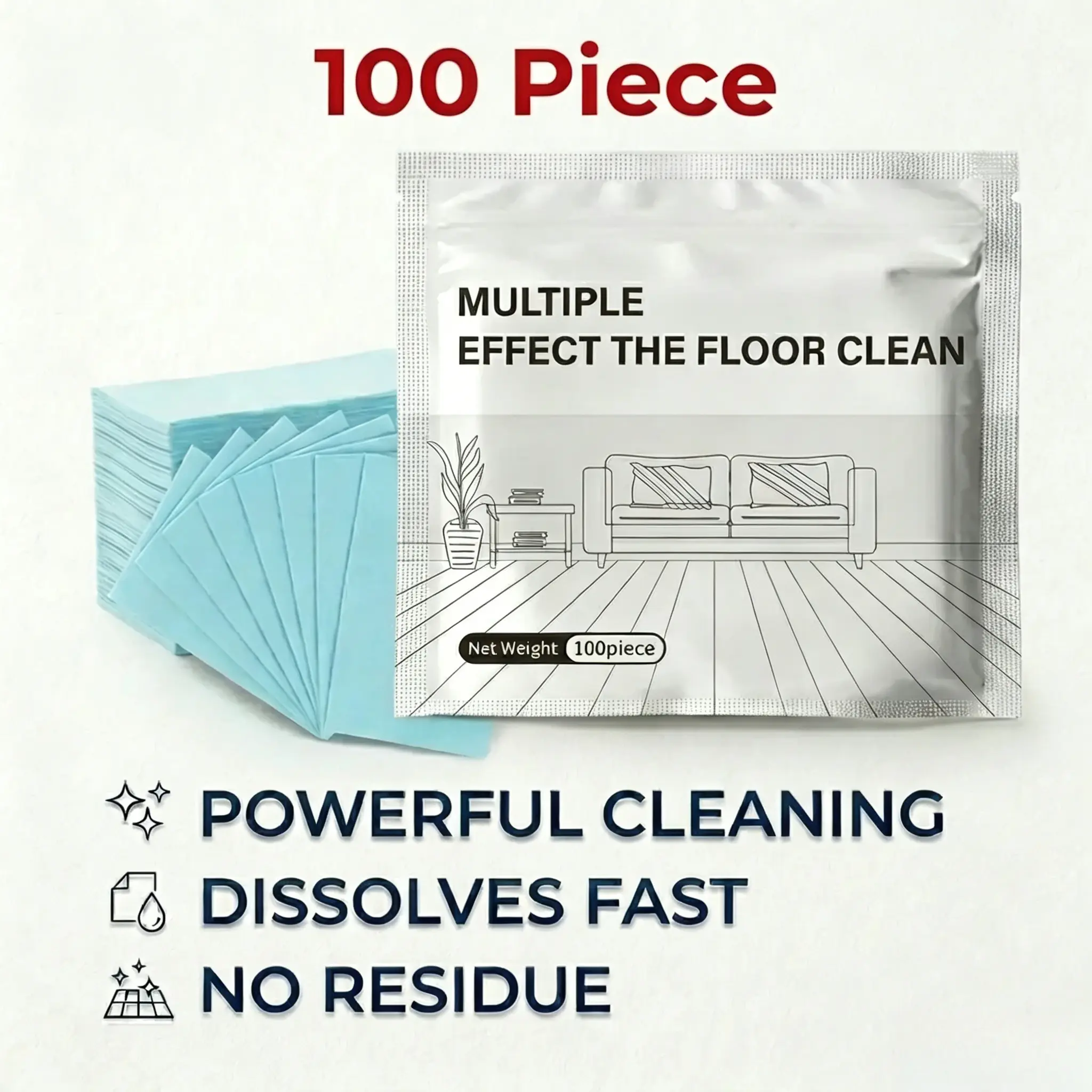 100 PCS Multi-Surface Floor Cleaning Sheets (All Purpose Cleaning Solutions) - Quick Dissolving Concentrated Cleaning Pods, Anti-Germs Bacteria Remover, for Hardwood, Laminate, Tile, Deep Stain Removal & Deodorizing, Anti-Germs All-Purpose Cleaners