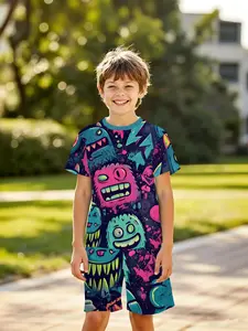 Trendy Dark Monster 3D Full-Print Kids Set, Casual Set, Loose Fit Short Sleeve Shorts, Essential Summer, Ideal Gift for Birthdays & Festivals!
