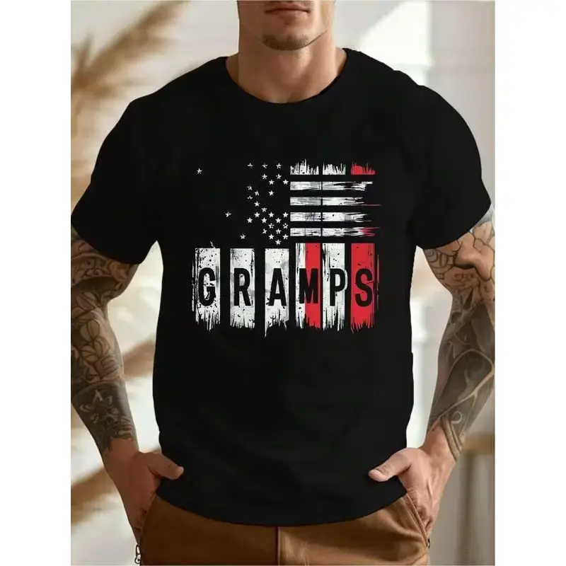 Men's Big & Tall Cotton Shortsleeve Round Neck T-Shirt - Patriotic 'GRAMPS' Graphic, Casual Menswear, Breathable, Machine Washable, Easy-Matching Fashion Gym Top