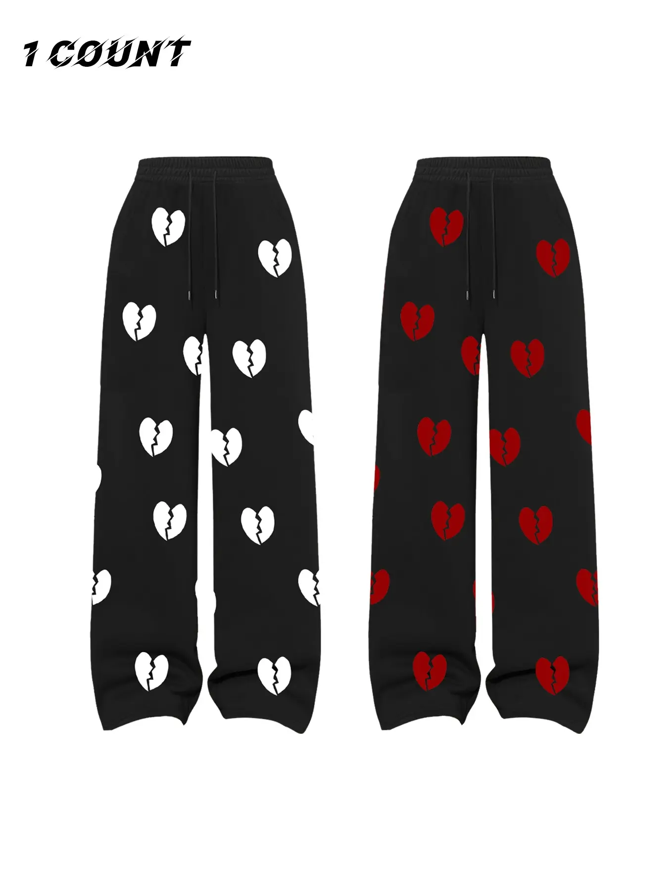Valentine's Day Heart Print Loose Straight Leg Pants, Casual Drawstring Waist Long Trousers for Men & Women, All Seasons Wearable