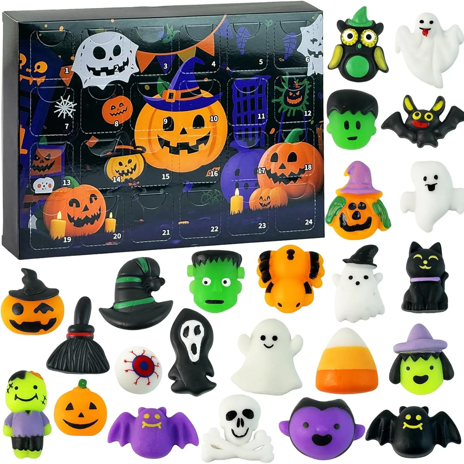 Halloween Advent Calendar 2026, 24 Days Countdown Calendar with 24 Mochi Squishy Toys, Halloween Countdown for Kids, Trick or Treat Party Favors, Classroom Prizes, Non-Candy Halloween Gifts for Boys & Girls