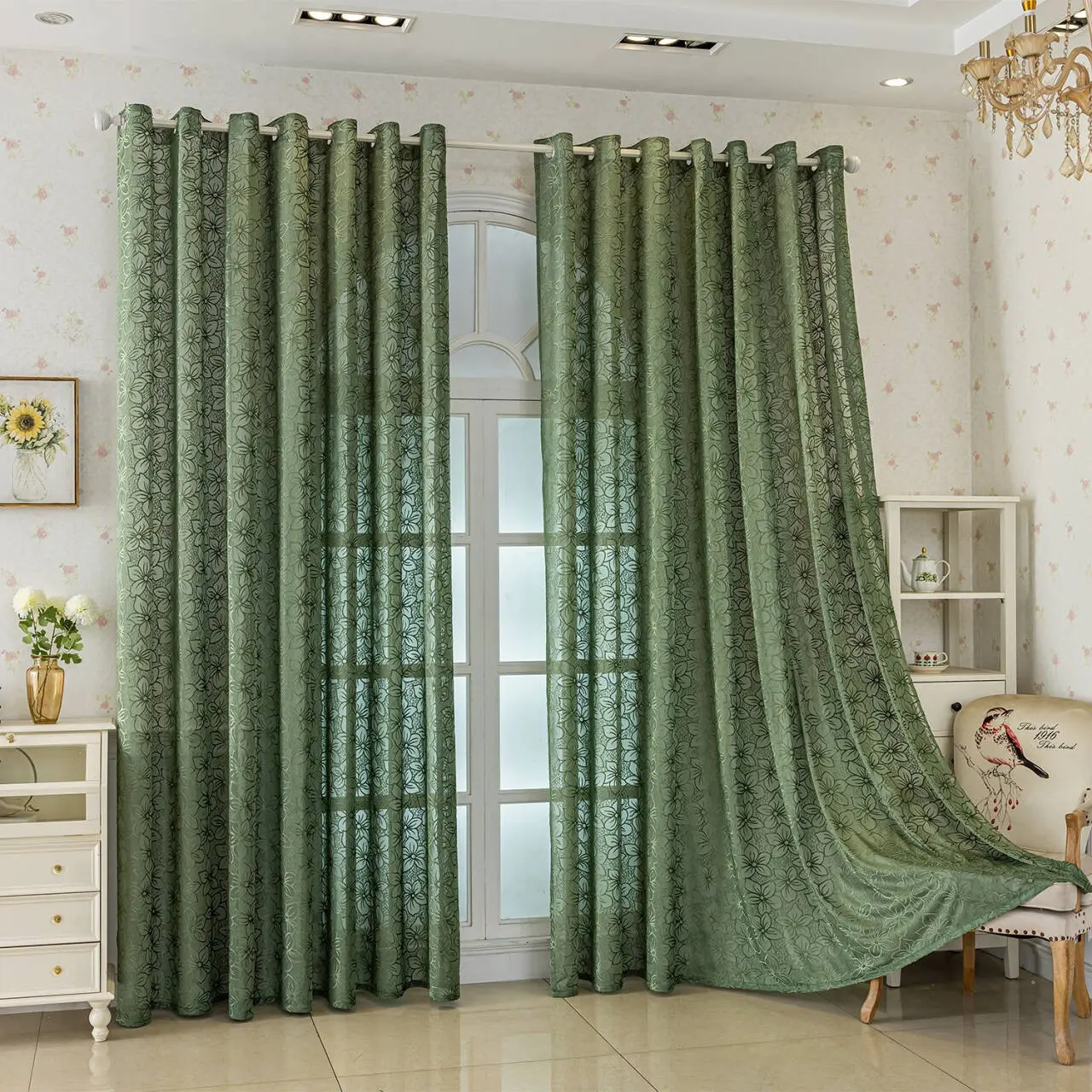 1pc Forest Green Sakura Embroidery Sheer Curtains Grommet Top, Semi-Sheer Drapes for Cozy Bedroom, Yoga Space & Sunroom Decor, Home Decoration Curtain, Window Curtain, Embroidered Curtain