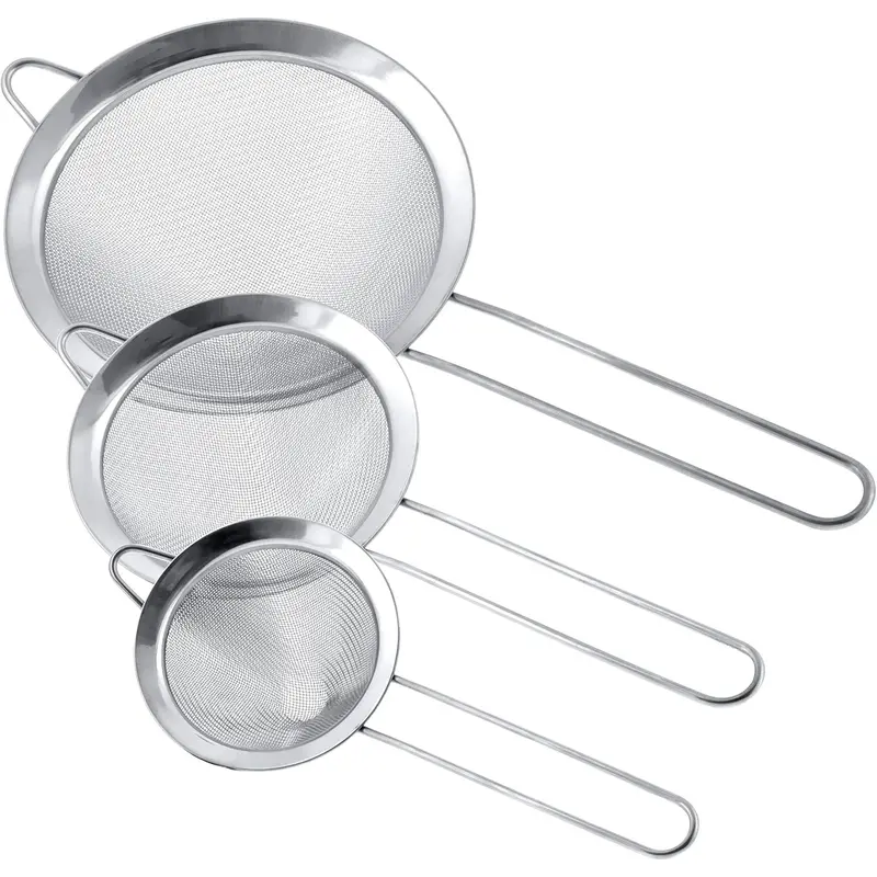 Thick Conical Shaped 3-Piece Stainless Steel Strainer Set (3in/4in/5.5in) - Fine Mesh Handled Colander, Double Thick Twill Dent-Resistant, Dishwasher Safe Kitchen Utensils & Pour Accessories for Vegetable Straining