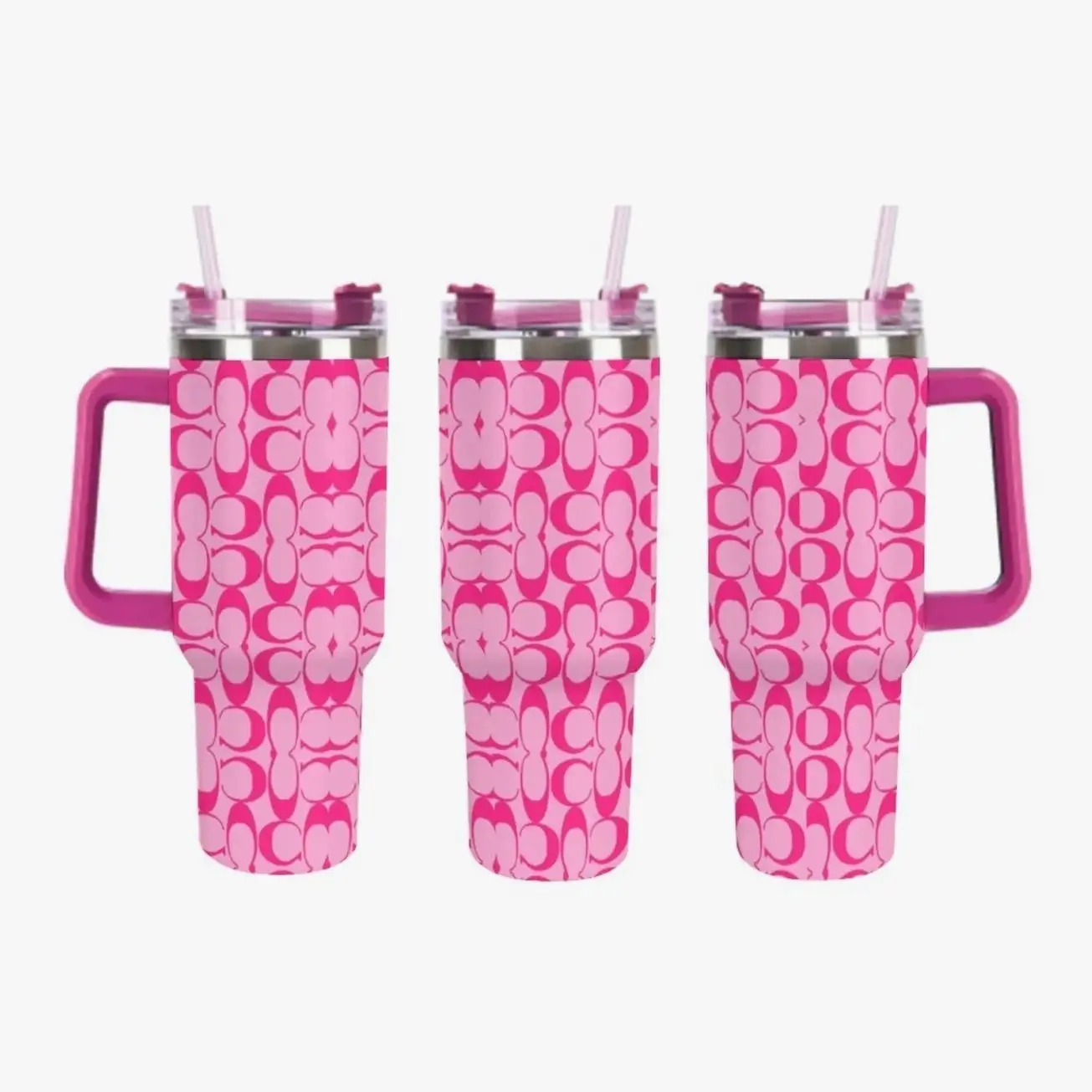 40oz Hot Pink Monogram Print Tumbler with Straw - Pink On Pink Designer Inspired Reusable Stainless Steel Travel Cup, Cute Aesthetic Daily Drink Mug