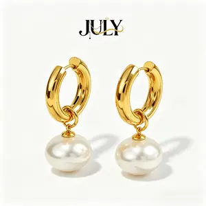 JULY Women's Gold Pearl Dangle Huggie Hoop Earrings, Waterproof Colorfast Stainless Steel Jewelry, Trendy All‑match Accessories for Daily Wear, Dating & Gift-Giving