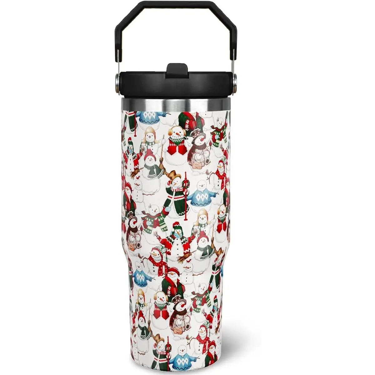 30oz Christmas Snowman Insulated Stainless Steel Vacuum Tumbler Flask - Portable, Spill-Proof, Insulation-Enhanced Water Bottle with Handle, Flip Straw, Lid - Ideal for Coffee, Cocktails, Women’s Christmas Gifts