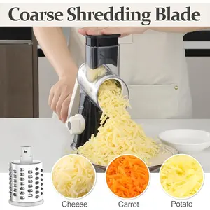 Rotary Cheese Planer Hand Crank Shredder for Fresh Cheese Vegetable Nuts Non-slip Base with Cleaning Brush Three Blades Kitchen Utensils Black Metal