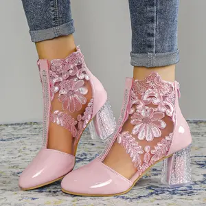 Women's Flower Lace Ankle Boots, Pink Back Zipper Clear Heeled Boots, Short Boots  Girl Footwear Walking Shoes Rubber Comfort