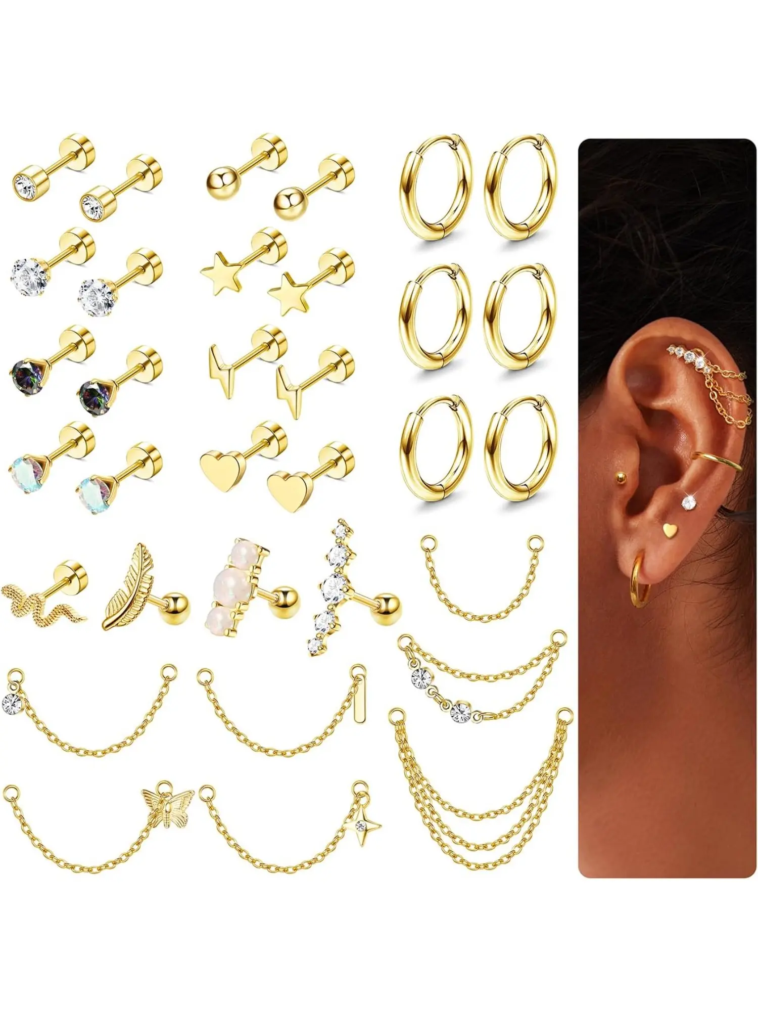 Retro 33 Pcs Golden Diverse Cartilage Earrings Set Small Hypoallergenic Flat Back Surgical Steel Stud Earrings for Women Men Shining CZ Opal Hoop Chain Dangle Conch Daith Helix Tragus Cartilage Piercing Jewelry Set Ear Studs