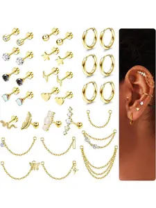 Retro 33 Pcs Golden Diverse Cartilage Earrings Set Small Hypoallergenic Flat Back Surgical Steel Stud Earrings for Women Men Shining CZ Opal Hoop Chain Dangle Conch Daith Helix Tragus Cartilage Piercing Jewelry Set