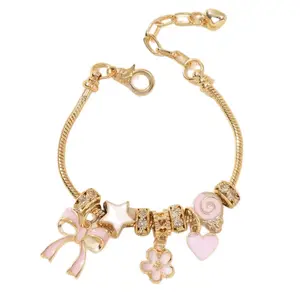 Adjustable Gold Charm Bracelet – Rhinestone Bow & Heart