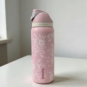 Owala x UO Exclusive FreeSip Tumbler 32oz Pink Ribbon Toile Design Stainless Steel Straw Cup Vacuum Insulated Water Bottle for School Gym Travel Leakproof 946ml Urban Outfitters