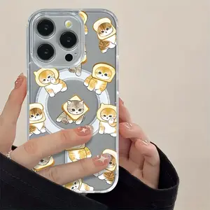 Buttered Bread Cat Graffiti Transparent Acrylic Magnetic Phone Case for iPhone 11/17 Pro Max, Compatible with Galaxy S25 S24 S23 Ultra. Drop-proof, high-transparency phone case – perfect gift for couples.