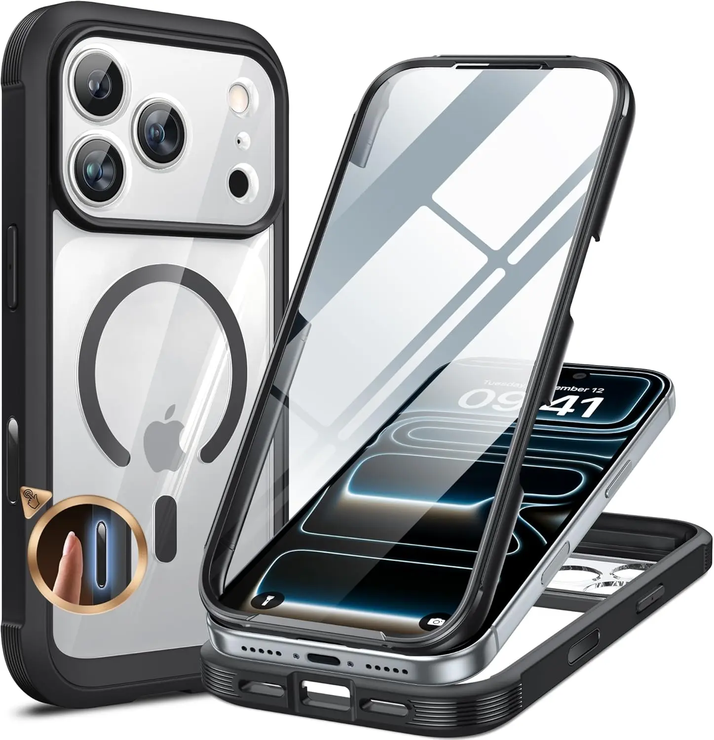 Miracase for iPhone 17 Pro Case 6.3, Full-Body Bumper Military Drop Protection Outdoor Phone Case with Built-in Glass Screen & Full Camera Protector,Camera Control,Compatible with MagSafe,Black
