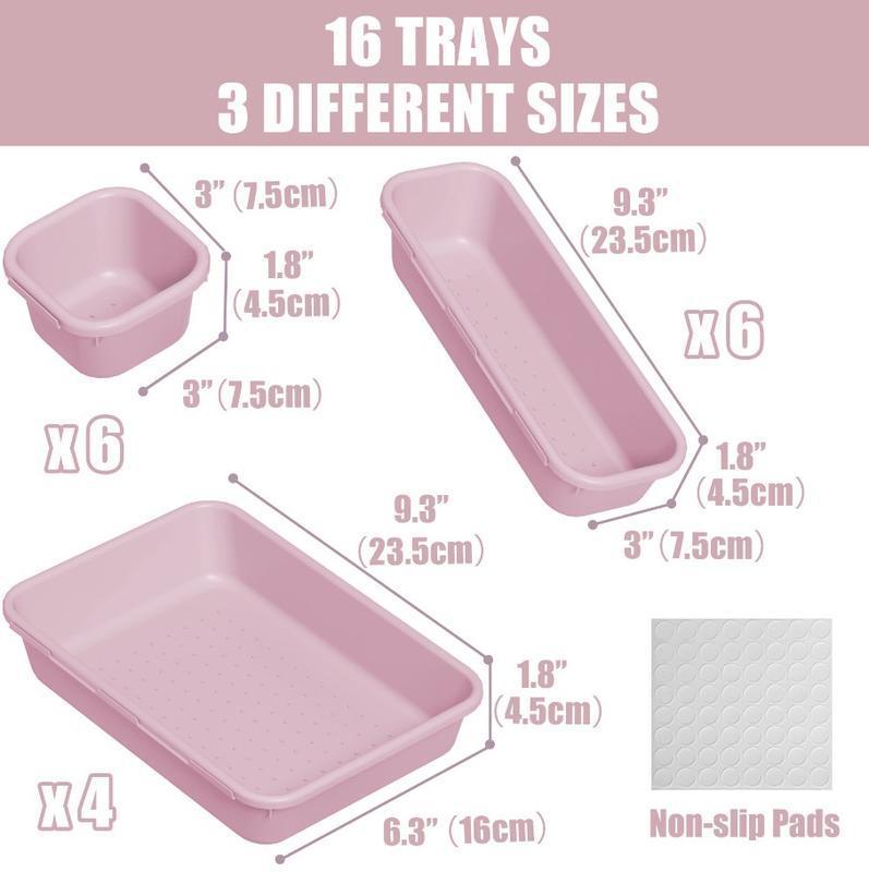 Multipurpose Household Plastic Storage Trays 16 Pieces Three Size Combination Drawer Divider Box Space Saving Neat Organizer For Beauty Salon Makeup Kitchen Utensils Study Room Stationery Bathroom Sundries