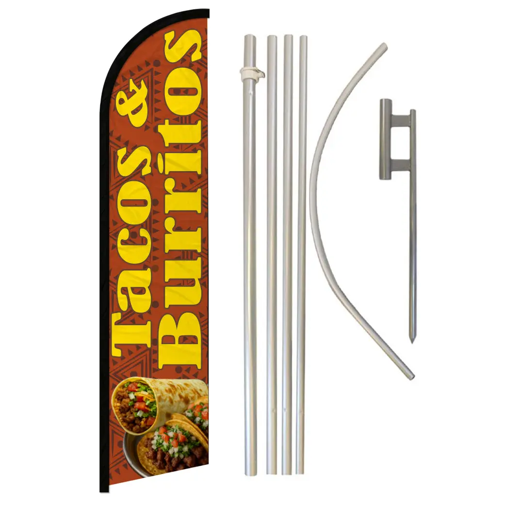 Windproof Synthetic Fiesta Party Banner Flag Complete Kit - Durable Tacos & Burritos Design Fiesta Decorations, Burnt Orange, Steel-Aluminium Frame, Polyester Material, Ground Spike, Aluminium Pole, Letter Signage Festive Backdrops & Banners