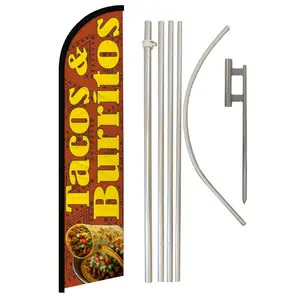 Windless Banner Flag Complete Kit - Tacos and Burritos Design, Burnt Orange, Steel-Aluminium Frame, Polyester Material, Ground Spike, Aluminium Pole, Banner Decoration, Taco Party Decorations