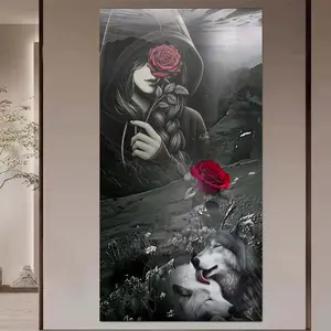 1 set of DIY diamond painting kit, 5D diamond art set, DIY decoration red roses, masked woman, wolf pack. Mosaic, diamond art, DIY art home decoration.