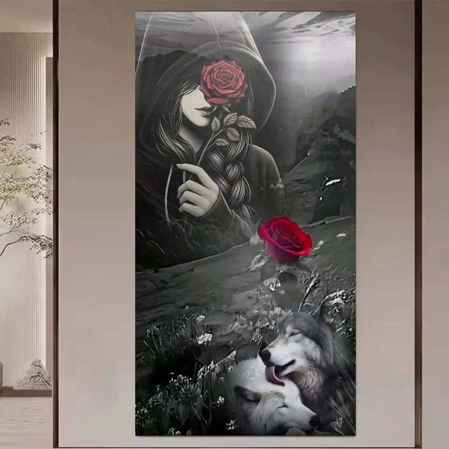 1 set of DIY diamond painting kit, 5D diamond art set, DIY decoration red roses, masked woman, wolf pack. Mosaic, diamond art, DIY art home decoration.