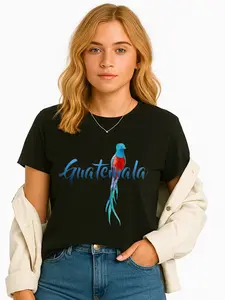 Women's Classic Black Guatemala Bird Print Round Neck Cotton T-Shirt - Breathable Cotton Tee, Minimalist Fitted Shortsleeve Top, Unisex Plus Size, USA-Made Streetwear for Summer Travel, Everyday Casual