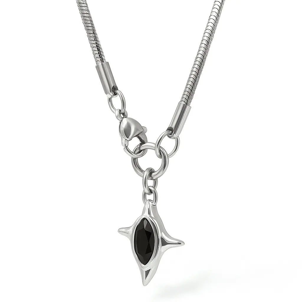 Dark Star Pendant Necklace for Women - Stainless Steel Silver Necklace with Black Stone Accent, Durable Alt Girl Star Jewelry Fashion Accessory, Necklaces For Women, Silver Necklaces