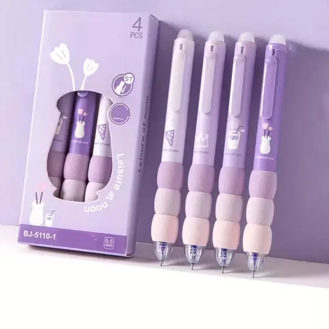 4 Pack Erasable Gel Pens, Cute Cartoon Design, Aesthetic Pens, Retractable Soft Grip, 0.5mm Blue Ink Fine Tip, Kawaii Stationery, Writing Pens, Stationery Writing Tools, Office Stationery Supplies for Office School Girls, Gel Pen Set