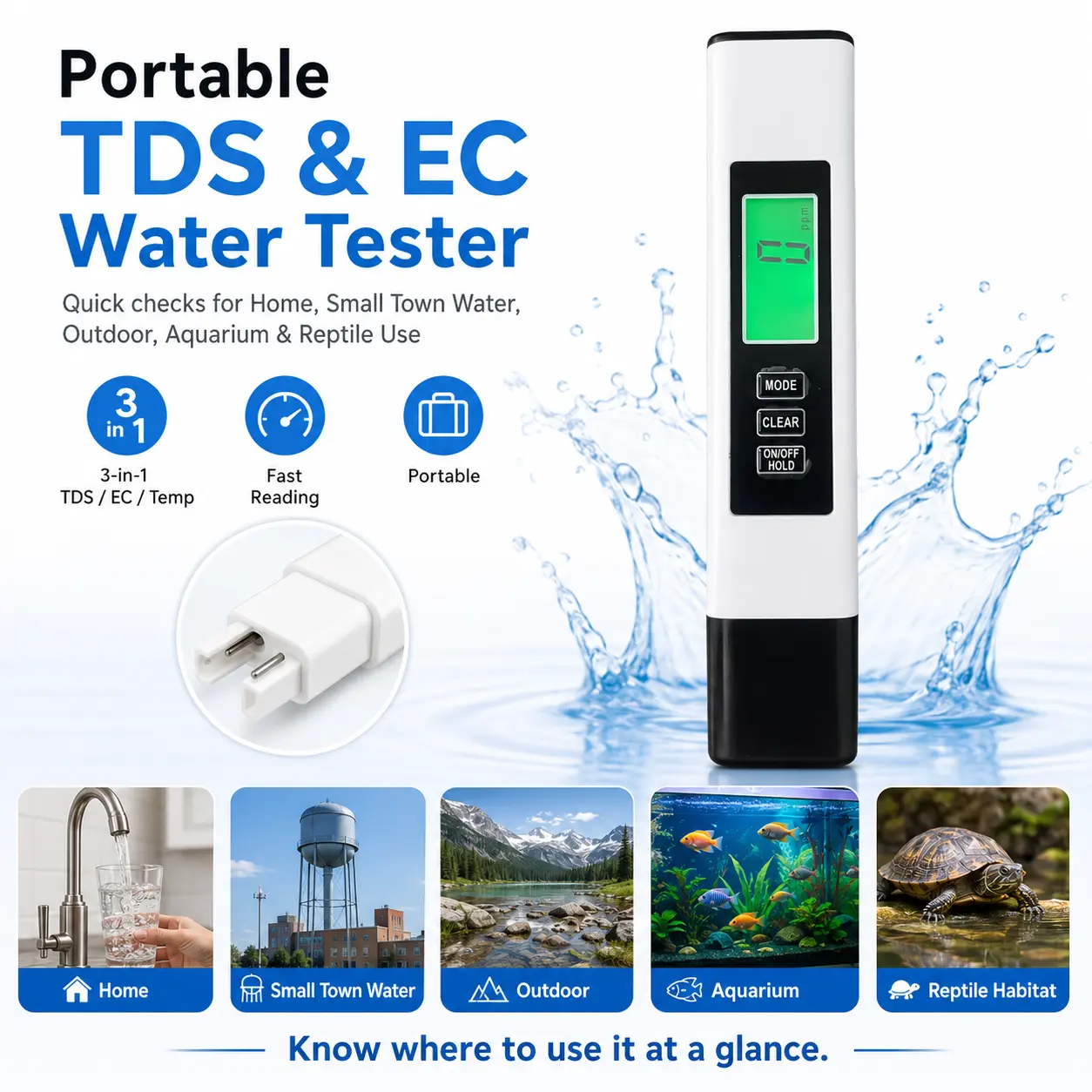 3-in-1 Digital Water Quality Tester with Metal & Titanium Alloy Probe, Accurate ATC Sensor, Auto Shut-Off, Color Display - Measures PPM, EC, Temp for Aquarium, Drinking Water
