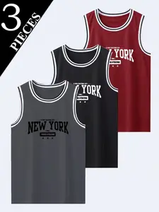 Men's 3-Piece Sleeveless Vest Set, Nyc Rap Style Streetwear, Casual Comfortable Athletic Wear, Trendy Hip Hop Fashion, Fitness Workout Vest