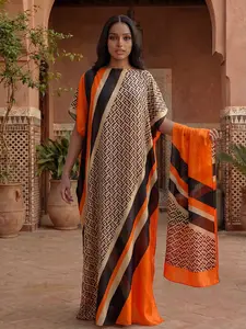 Women's Striped Pattern Elegant Long Dress Robe Set, Hooded Shawl + Long Silk Scarf, Beach Sun Protection Cover-Up Casual Cover Up Beachwear Cover Up for All Seasons