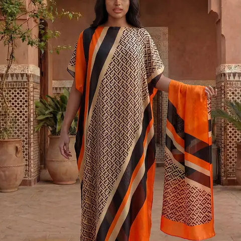 Women's Striped Pattern Elegant Long Dress Robe Set, Hooded Shawl + Long Silk Scarf, Beach Sun Protection Cover-Up Casual Cover Up Beachwear Cover Up Beach Coverups for All Seasons