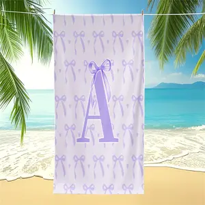 Purple Bow Initial Letter A-Z Beach Towel, Cute Aesthetic Pool Towel, Girly Preppy Camping Towel, Soft Lightweight Quick Dry Absorbent Bath Towel Blanket for Women Teens Girls, For Travel Swimming Vacation