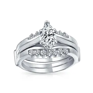 2.5CT Marquise Solitaire CZ Wedding Ring Set with Band Guard Enhancer Silver