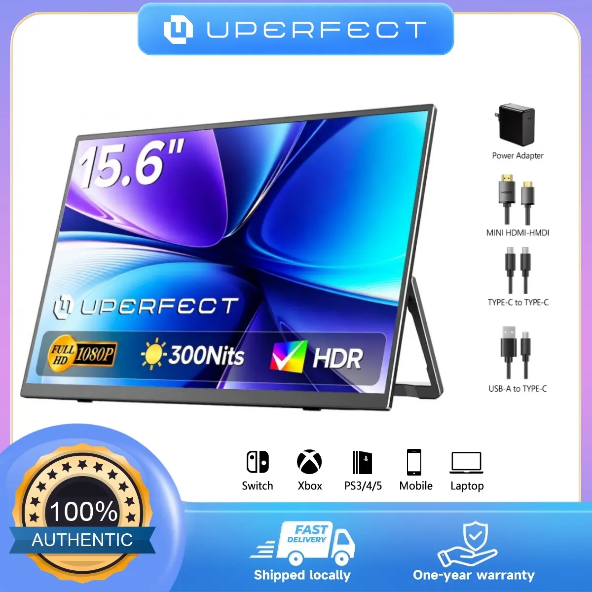 UPERFECT BE156JF 15.6-inch Portable Monitor 1920x1080 IPS Screen, Coated Panel Ultra-slim Eye-care Design, Dual Speakers, Built-in Stand, 3.5mm Headphone Jack, Laptop Extension Screen Supports Movies and Gaming