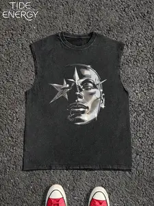 Men's Cyberpunk Metal Face Print Sleeveless Vest, Washed Street Casual Style Top with Star Element, Summer High Street Fashion