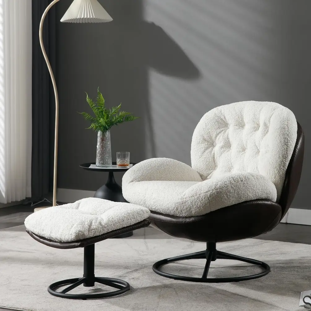 Swivel Accent Chair with Ottoman, Upholstered Mid-Century Modern Lounge Chair with Footrest Faux Fur Armchair Reading Chair for Living Room Bedroom Fireplace(Brown)Single sofa chair small apartment eggshell chair balcony living room home computer