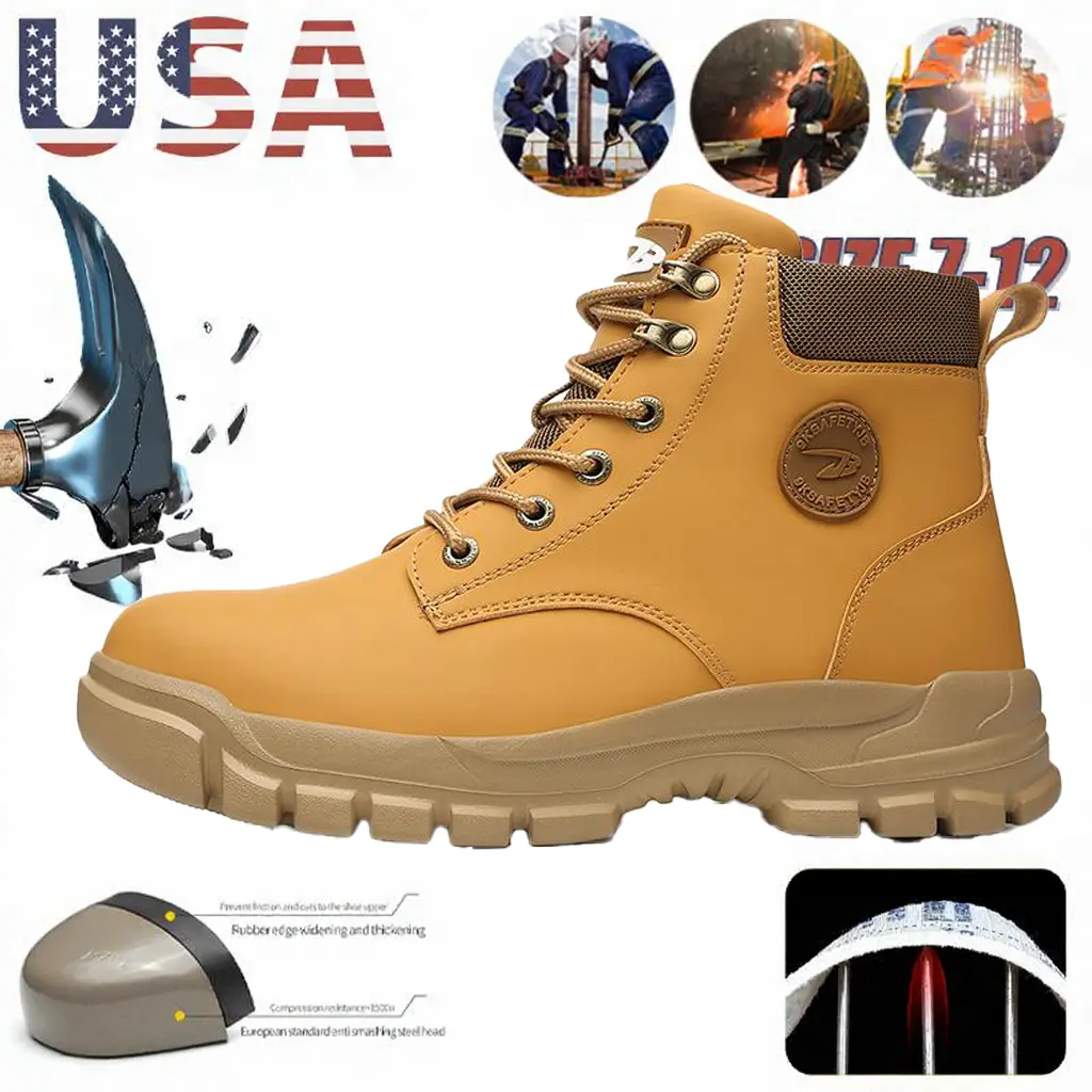 Comfy Work Shoes Men's Solid Color Classic High Top Plain Toe Safety Boots Non-Slip Durable Lace Up Anti-Smashing Anti-Stab Yellow