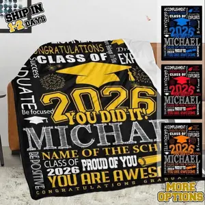 Custom Class of 2026 Graduation Blanket, Black Gold Word Cloud Throw Blanket, "Michael" Personalized Grad Gift
