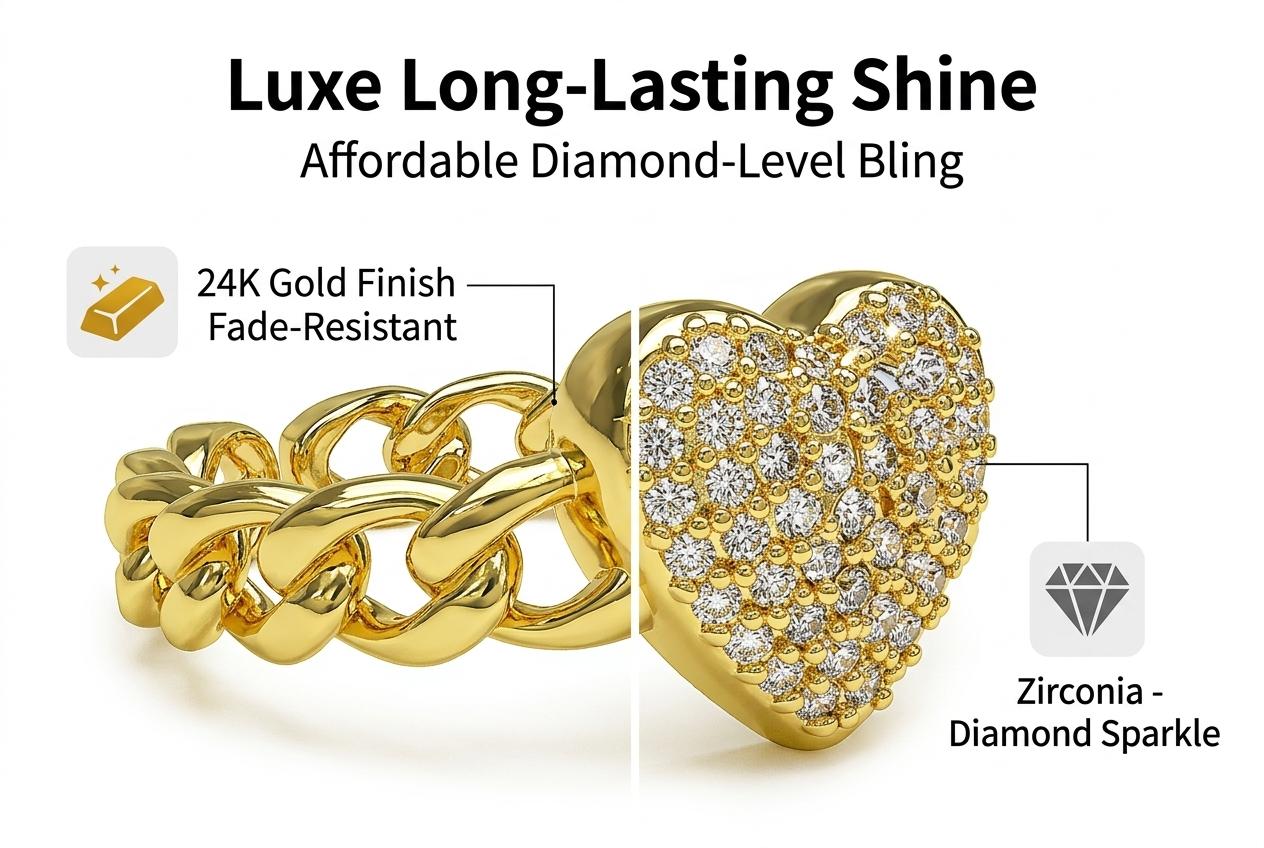 Exquisite Micro Paved CZ Heart Ring, Gold Plated Non Tarnish Adjustable Open Ring, Elegant Statement Ring for Dating & Daily Wear Exquisite Micro Paved CZ Heart Ring, Gold Plated Non Tarnish Adjustable Open Ring, Elegant Statement Ring for Dating & Daily Wear