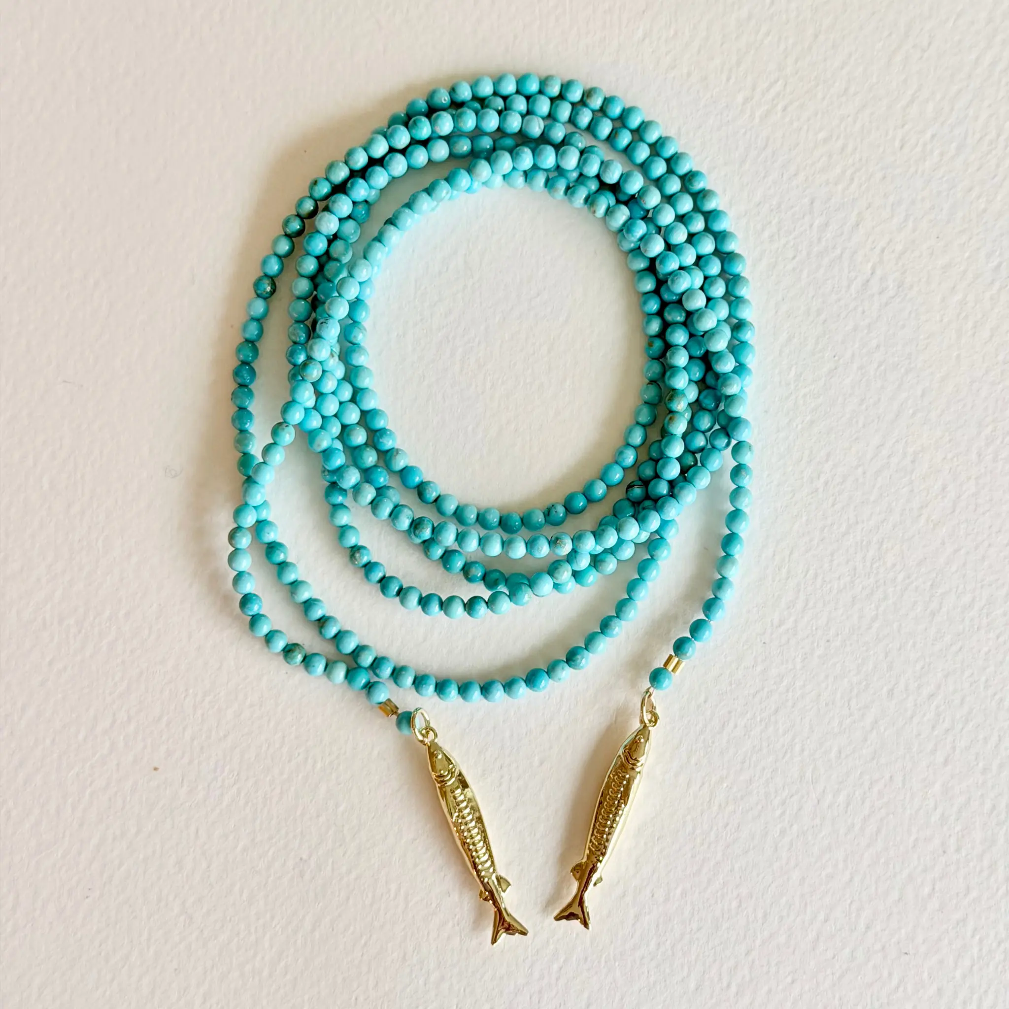 Smooth Turquoise Lariat Necklace for Women, 48-Inch Coastal Handmade Strand with 14kt Gold-Filled Fish Charms for Effortless Layering, Us, Casual
