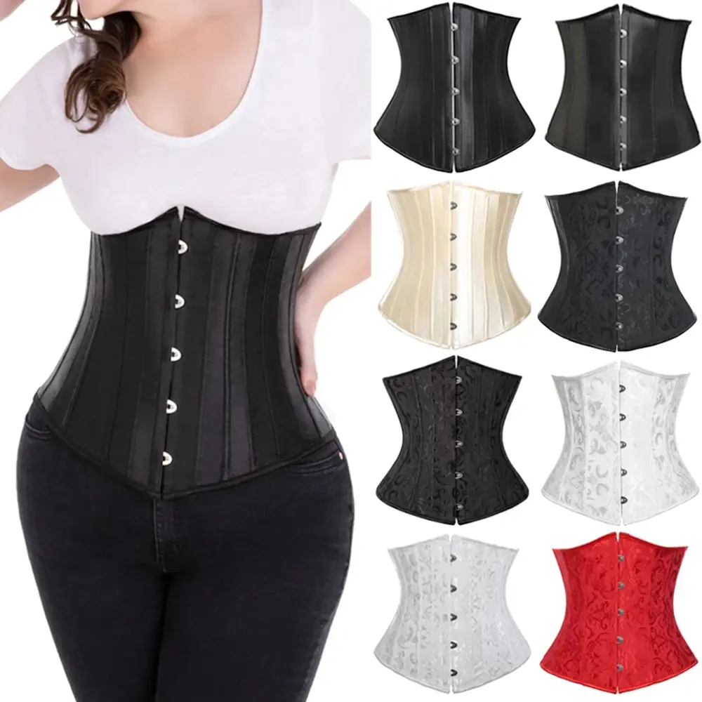 Women's Underbust Corset, Satin Jacquard Boned Lace-Up Top, Casual Waist Training Spandex Shapewear, Plus Size S-6XL, Compression, Plus Sizes