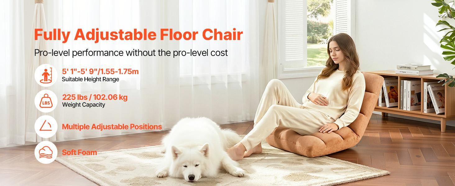 VEVOR Floor Chair, 14 Adjustable Positions Folding Floor Gaming Chair with Back Support, Sturdy Metal Frame with Recycled Foam and Coral Fleece Surface, Multifunctional for Reading, Relaxing, Brown