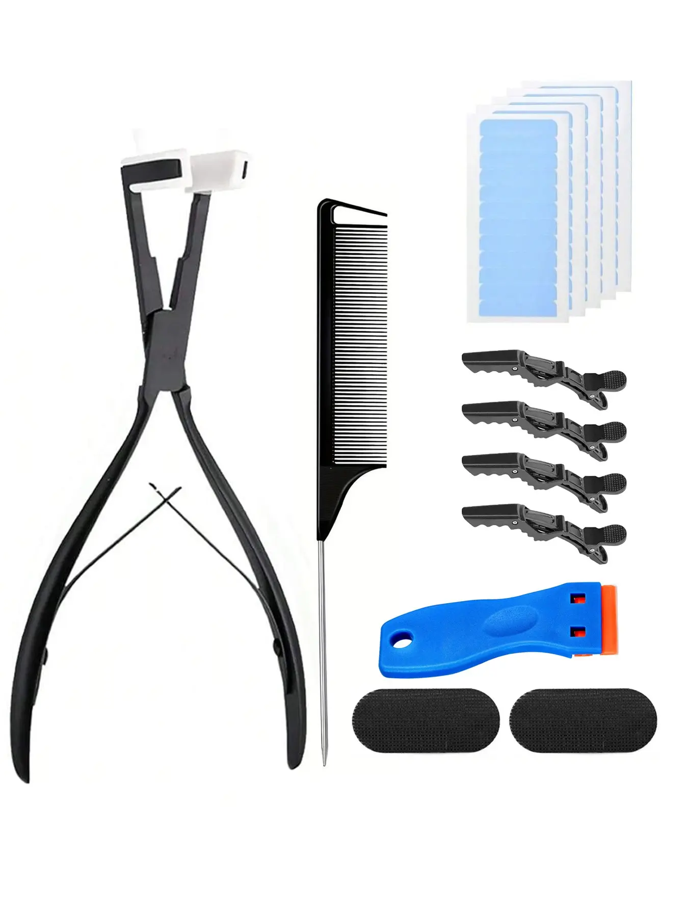 Tape in Hair Extension Tools Kit with Flat Surface Stainless Steel Tape in Hair Extensions Tape Sealing Pliers,Tape Remover Scraper Tool,Hair Clips, Human Hair Extensions Styling Tools-Black