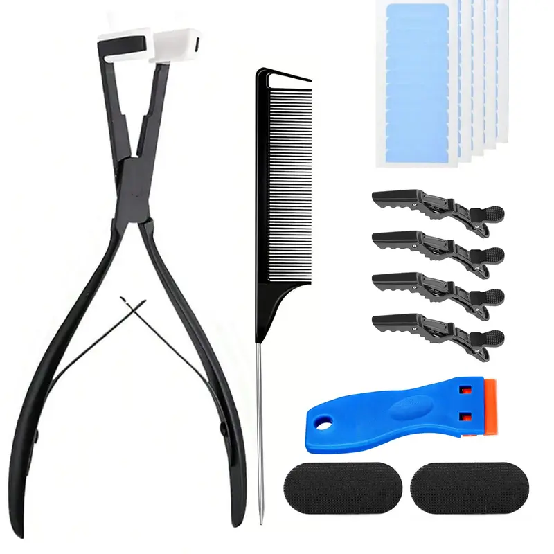 Tape in Hair Extension Tools Kit with Flat Surface Stainless Steel Tape in Hair Extensions Tape Sealing Pliers,Tape Remover Scraper Tool, Hair Clips, Human Hair Extensions Styling Tools Precision Styling-Black